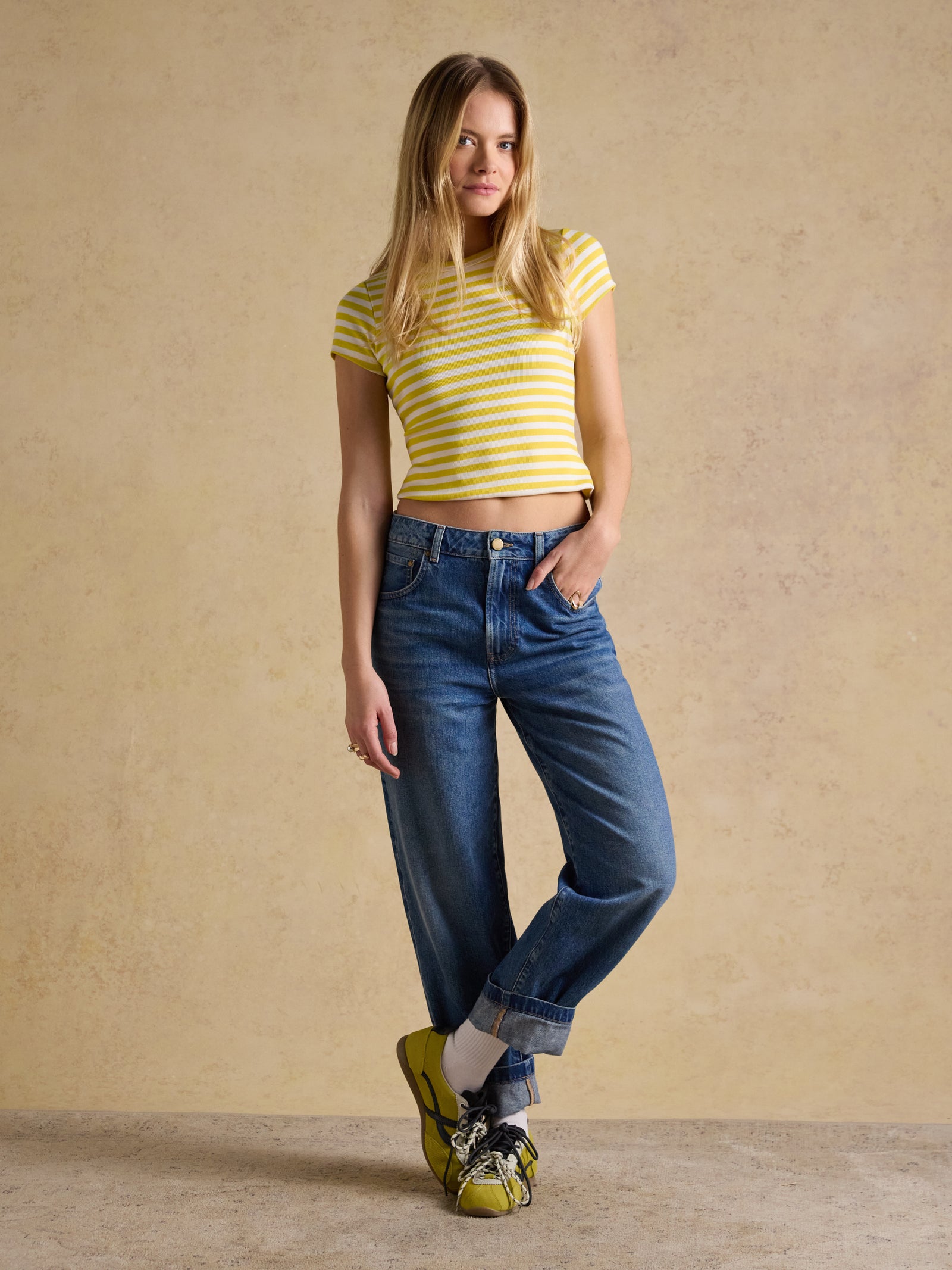 Joules Sophie Yellow Striped Short Sleeve Ribbed Fitted T-Shirt