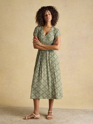 Joules Nia Khaki Green Short Sleeve Jersey Midi Dress