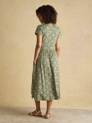 Joules Nia Khaki Green Short Sleeve Jersey Midi Dress
