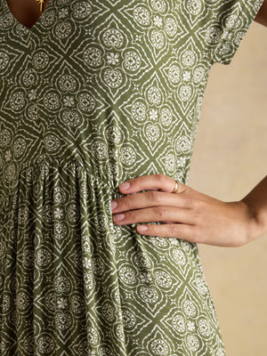 Joules Nia Khaki Green Short Sleeve Jersey Midi Dress