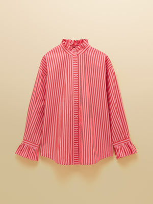Joules Mae Pink & Red Striped Relaxed Fit Shirt With Frill Neck