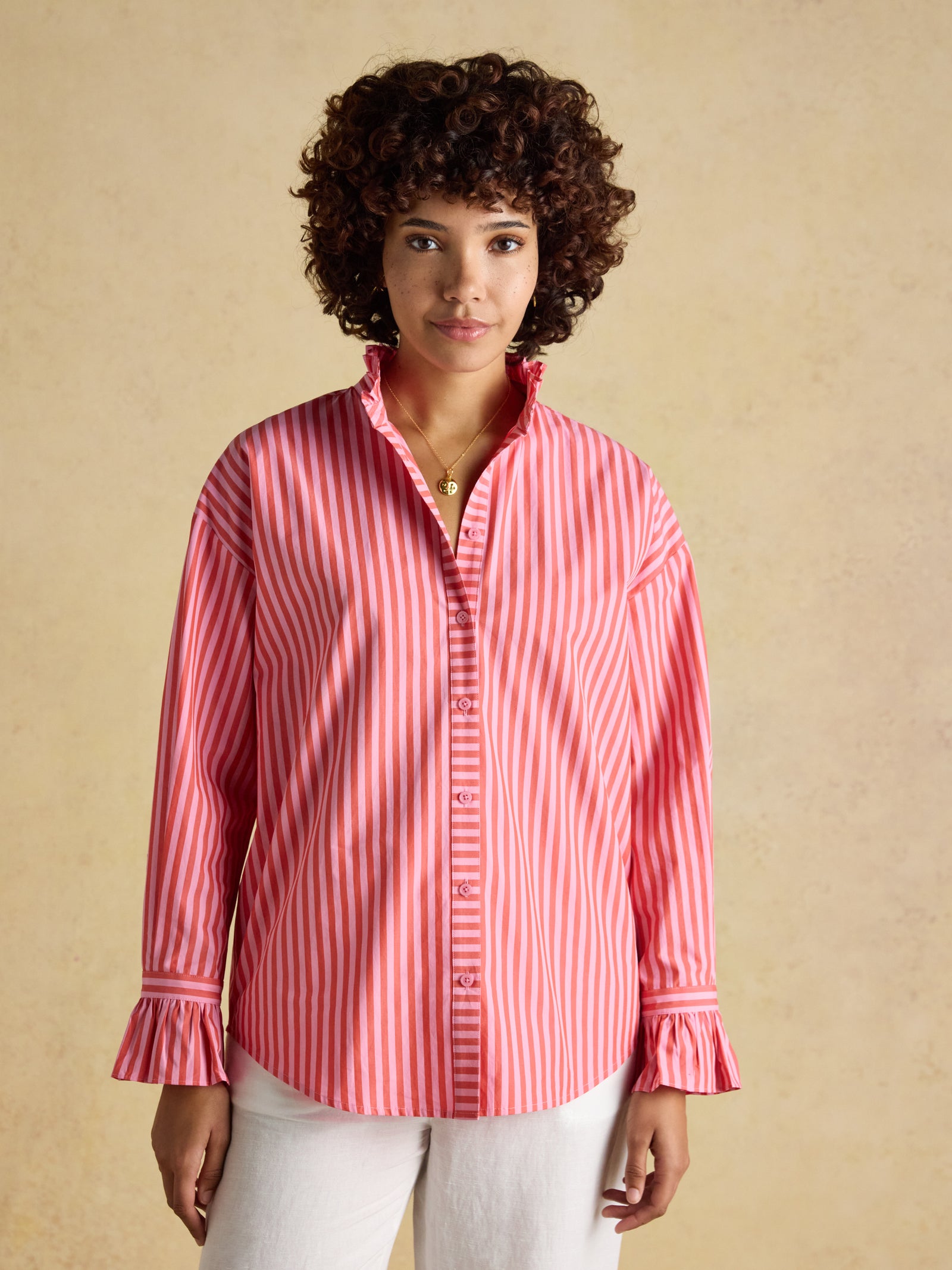 Joules Mae Pink & Red Striped Relaxed Fit Shirt With Frill Neck
