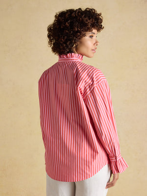 Joules Mae Pink & Red Striped Relaxed Fit Shirt With Frill Neck