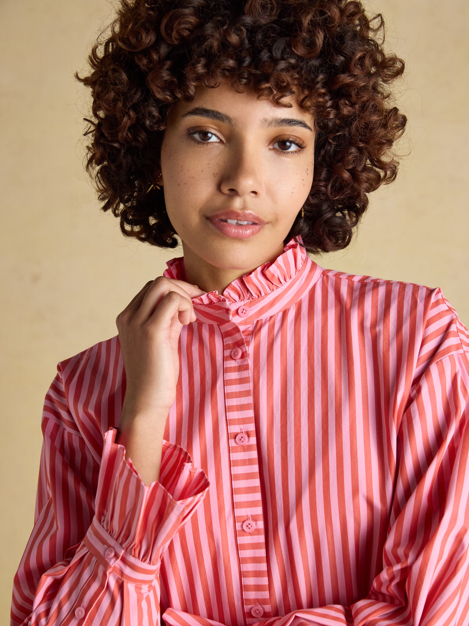Joules Mae Pink & Red Striped Relaxed Fit Shirt With Frill Neck