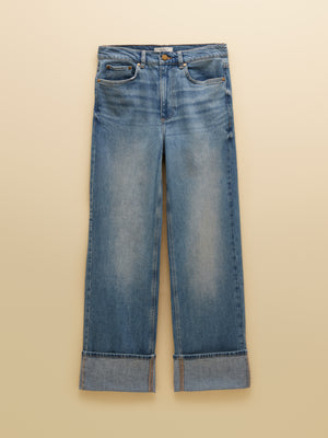 Joules High Waisted Mid Blue Wide Leg Turn Up Jeans