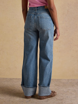 Joules High Waisted Mid Blue Wide Leg Turn Up Jeans