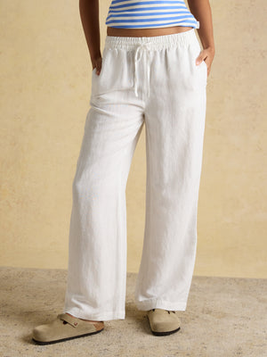 Joules White Relaxed Wide Leg Trousers with Linen
