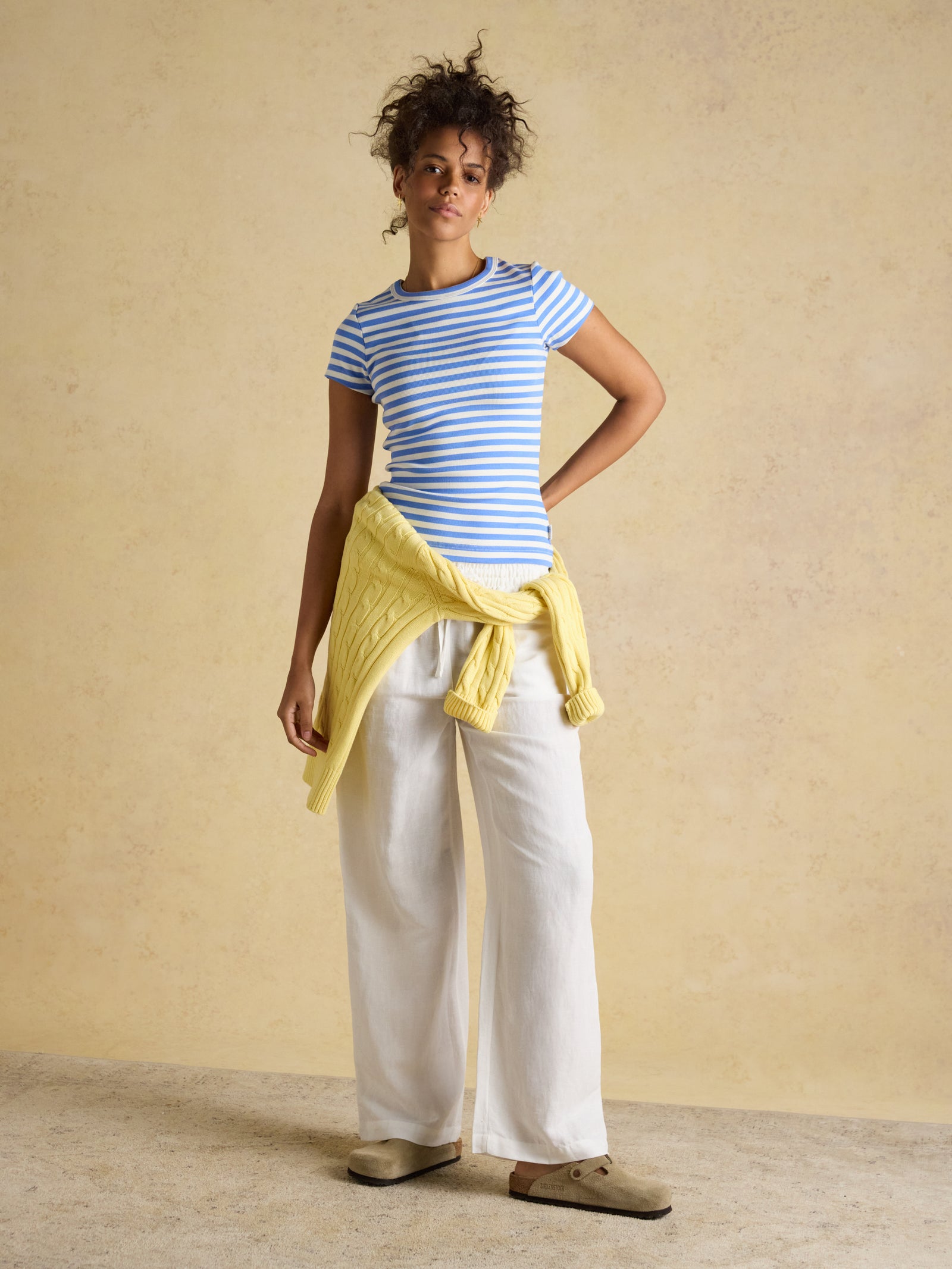 Joules White Relaxed Wide Leg Trousers with Linen