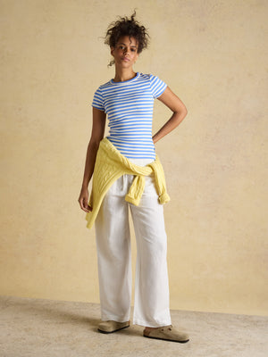 Joules White Relaxed Wide Leg Trousers with Linen