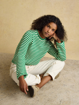 Joules Skye Green & White Striped Cotton Crew Neck Jumper