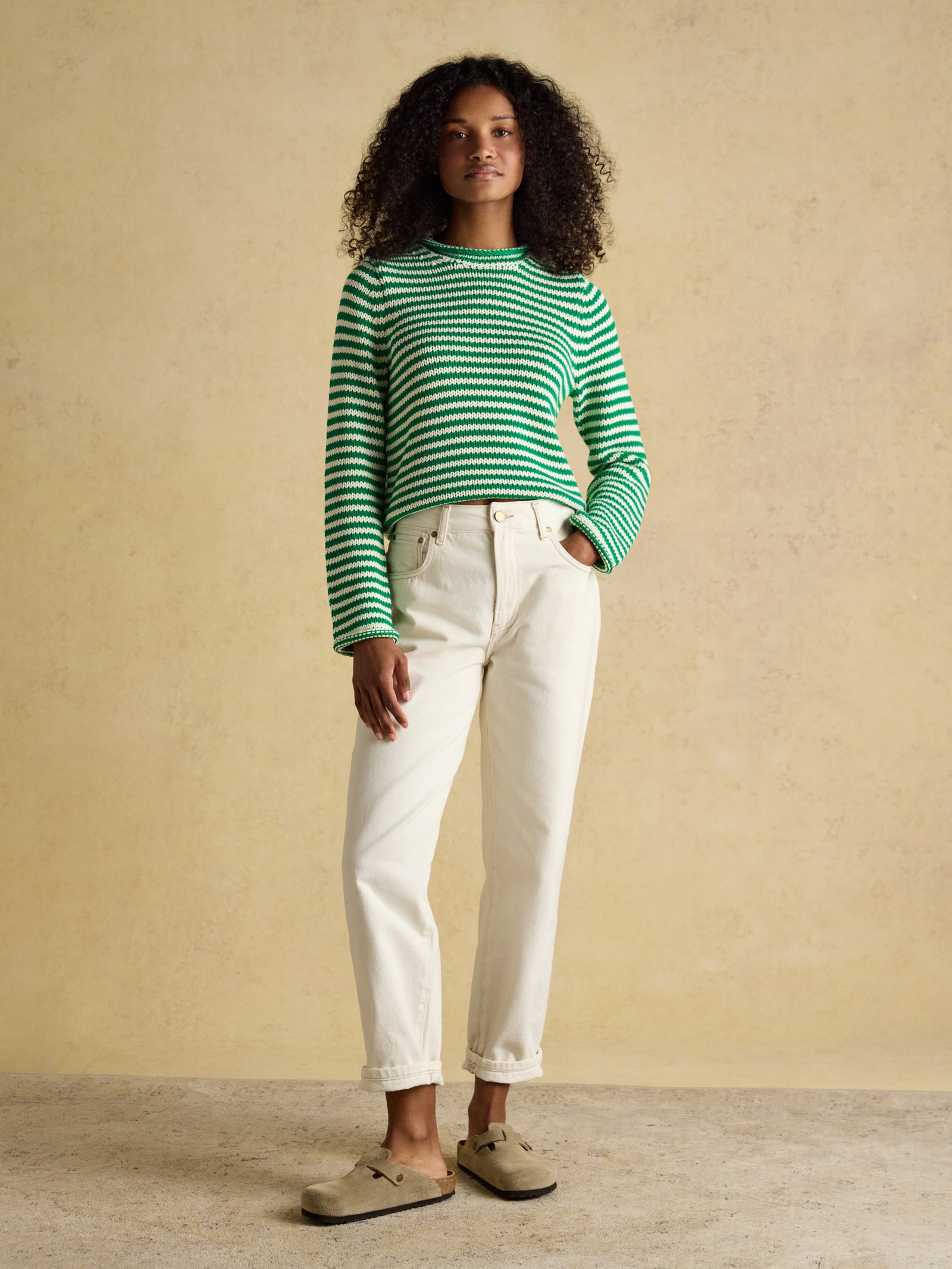 Joules Skye Green & White Striped Cotton Crew Neck Jumper