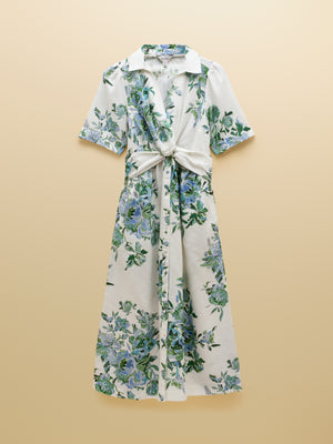 Joules Marina White & Blue Floral Midi Linen Blend Dress