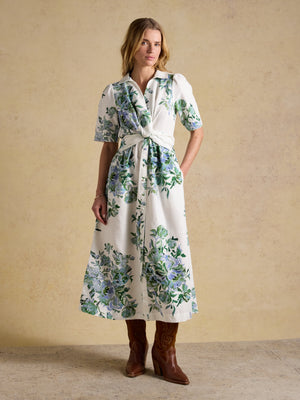 Joules Marina White & Blue Floral Midi Linen Blend Dress