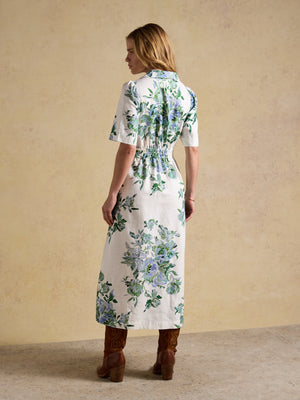 Joules Marina White & Blue Floral Midi Linen Blend Dress