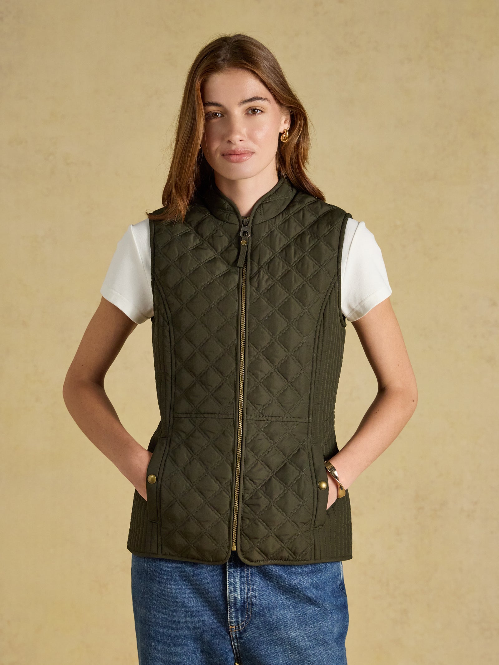 Joules Minx Khaki Rosemary Green Showerproof Diamond Quilted Gilet