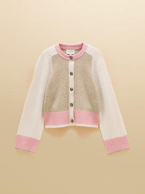 Joules Nora Pink & Cream Crew Neck Knitted Cardigan