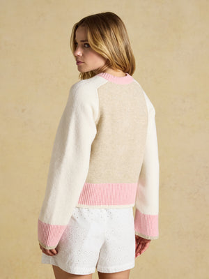 Joules Nora Pink & Cream Crew Neck Knitted Cardigan