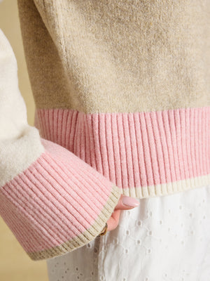 Joules Nora Pink & Cream Crew Neck Knitted Cardigan