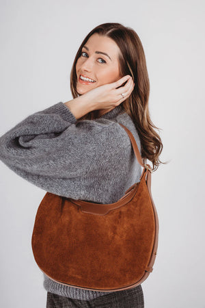 Elie Beaumont Shoulder Crescent Suede Tan Handbag