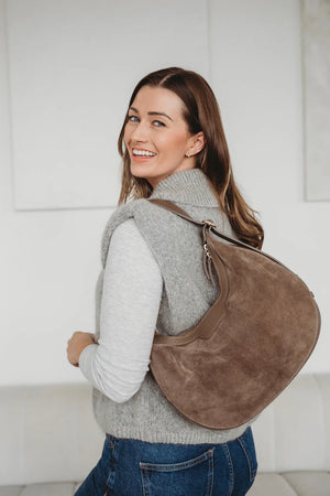 Elie Beaumont Shoulder Crescent Suede Taupe Handbag