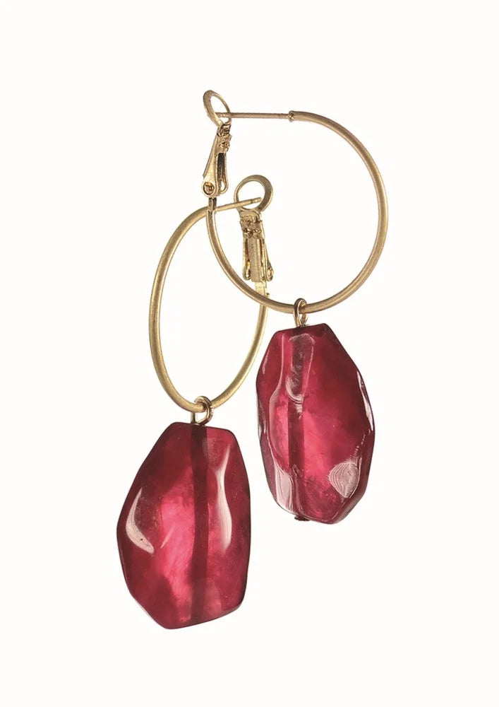 Hot Tomato Wine Facetted Acrylic Bead Drop & Gold Hoop