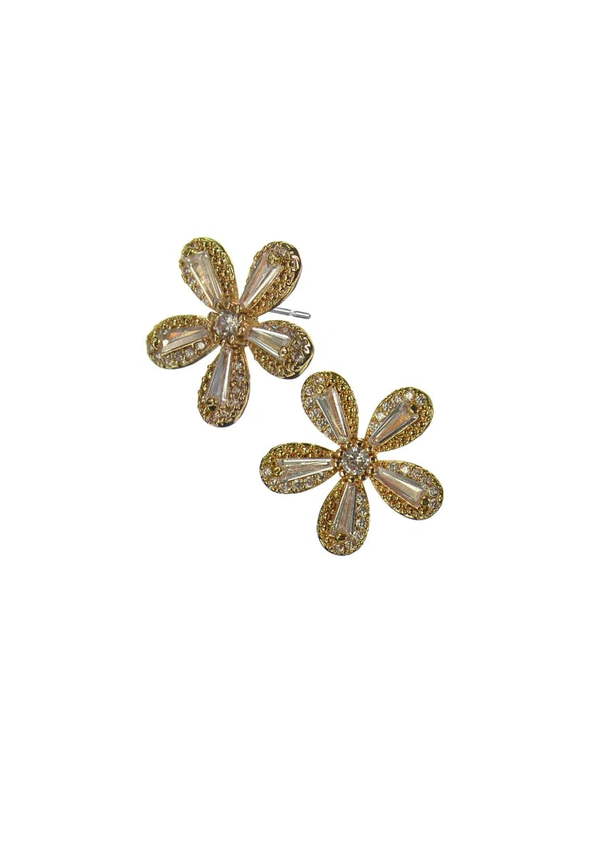 Hot Tomato Gold & Crystal Flower Stud Earrings