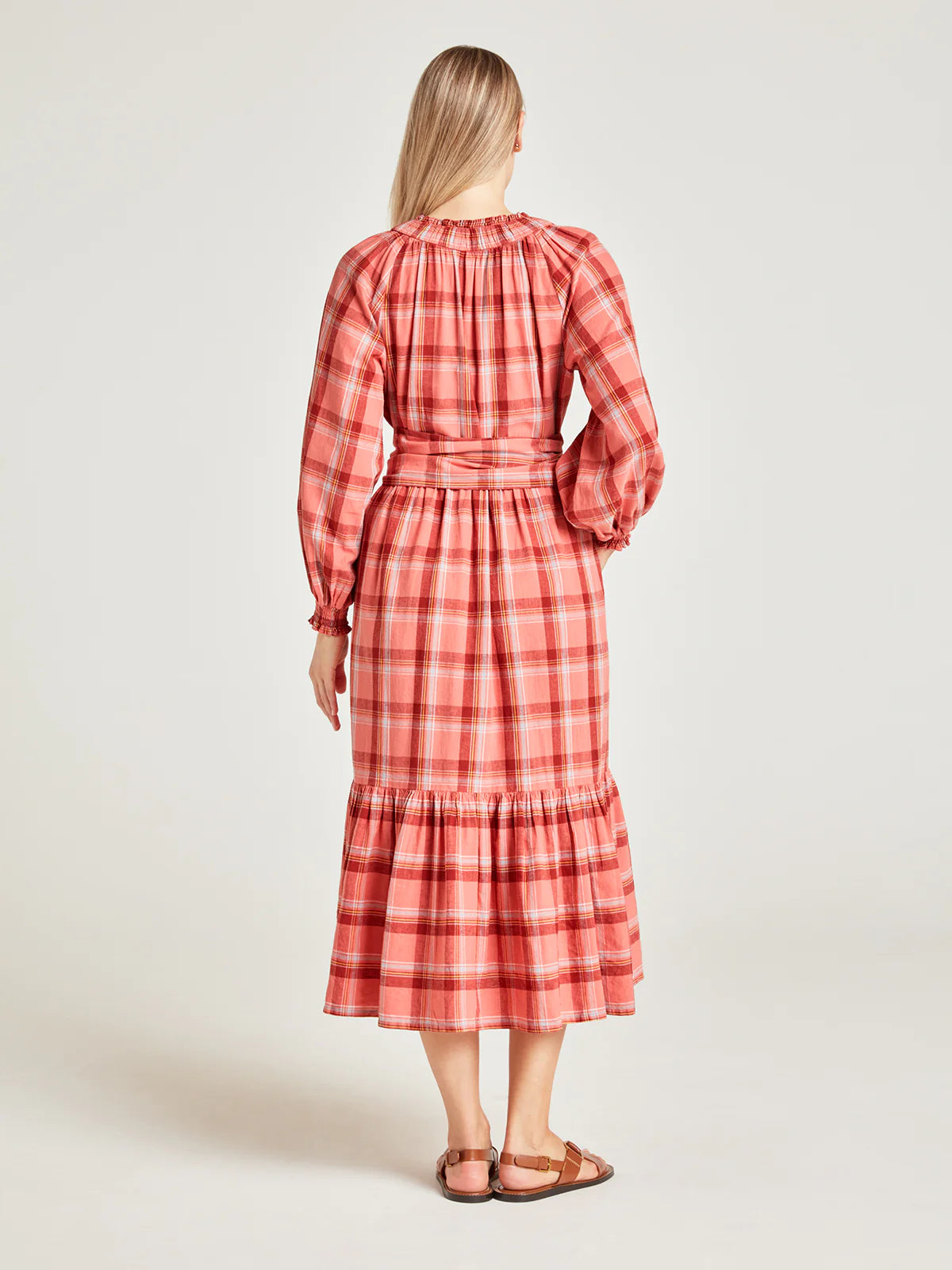 Thought Light Coral Iman Hemp Check Midi Dress