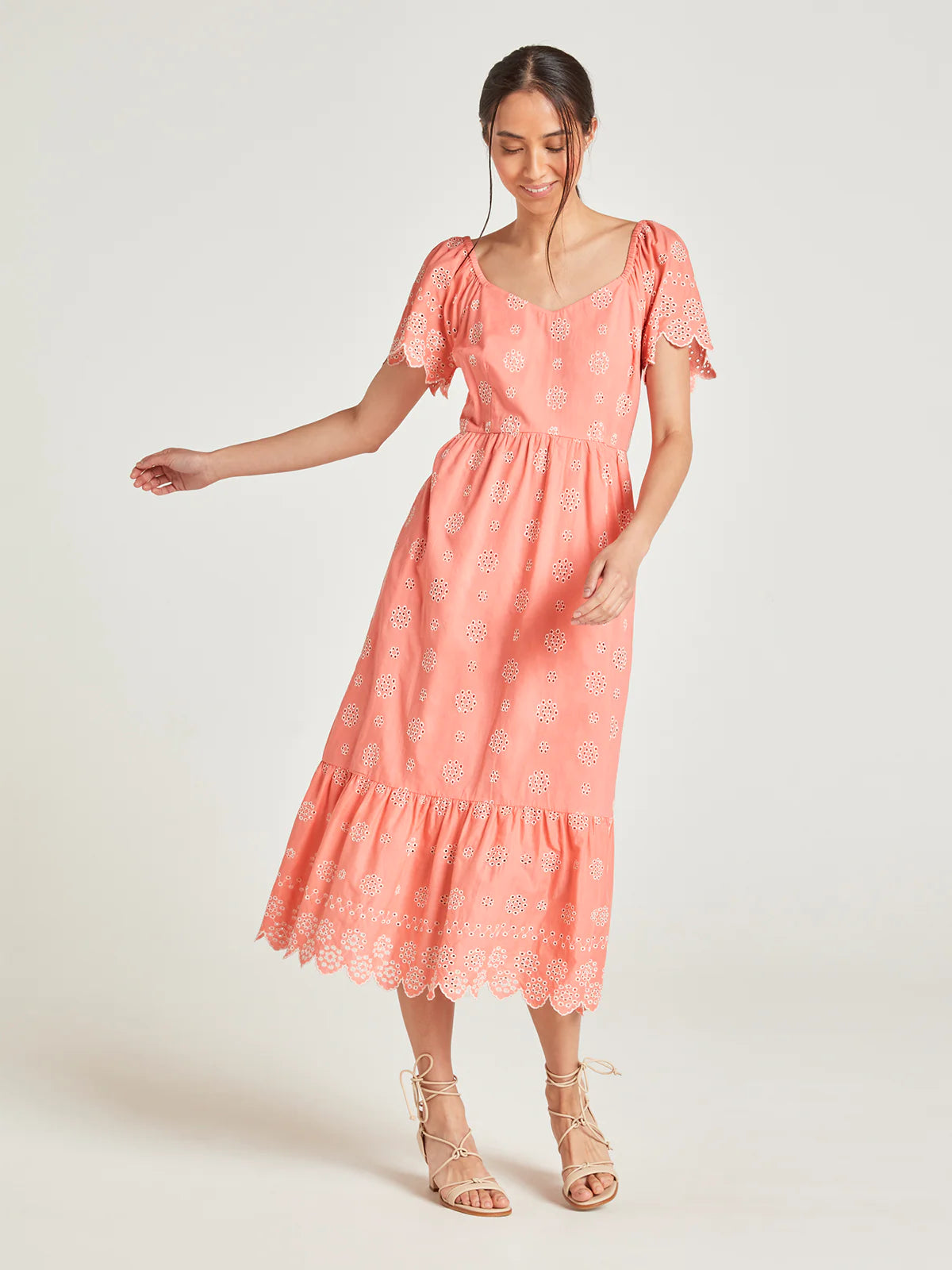 Thought Coral Orange Andrina Organic Cotton Broderie Dress