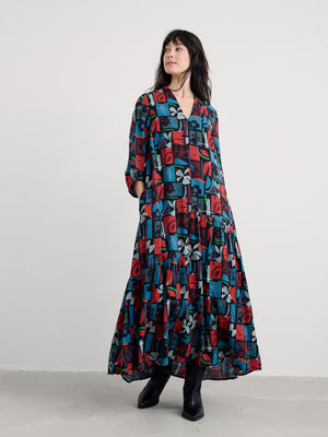 Seasalt Flora Collage Maritime Windblown Tiered V-Neck Dress