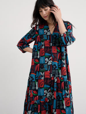 Seasalt Flora Collage Maritime Windblown Tiered V-Neck Dress