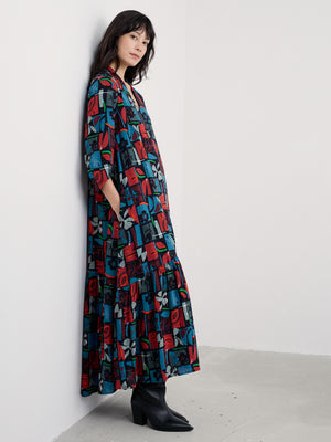 Seasalt Flora Collage Maritime Windblown Tiered V-Neck Dress