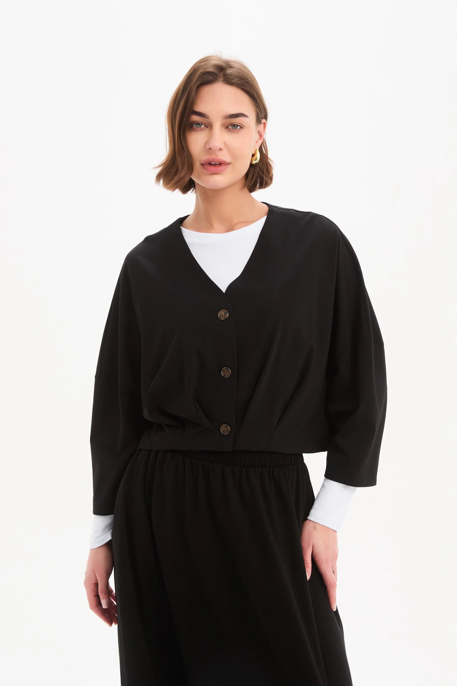 Tirelli Black Pleat Hem Crop Cardigan