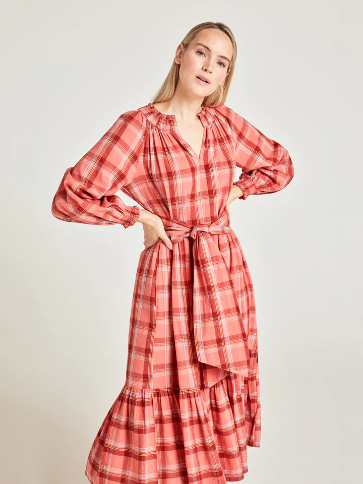 Thought Light Coral Iman Hemp Check Midi Dress